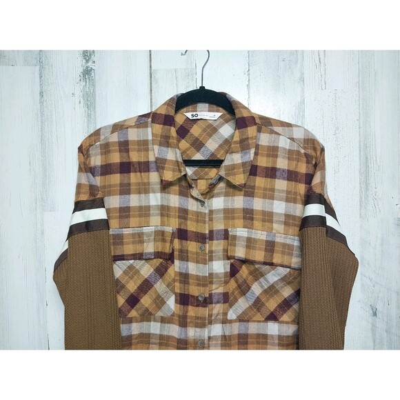 SO Flannel Knit COMBO Crop Top RETRO STYLE Brown PLAID Flap Pocket Womens Medium - Picture 3 of 9